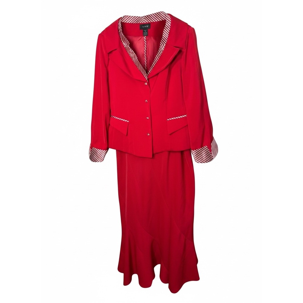 Ashro Red Skirt Suit Set 16 Blazer Maxi Skirt Flounce Hem Striped Trim
